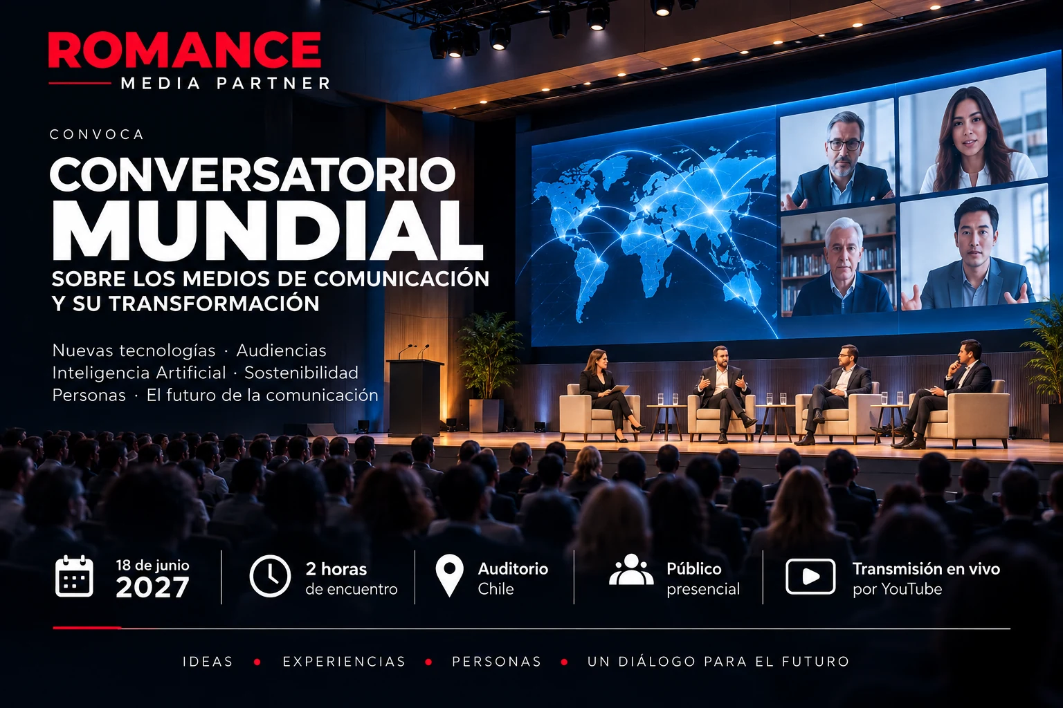 Afiche conceptual del Conversatorio Mundial: 18 de junio de 2027, dos horas y transmisión por YouTube.