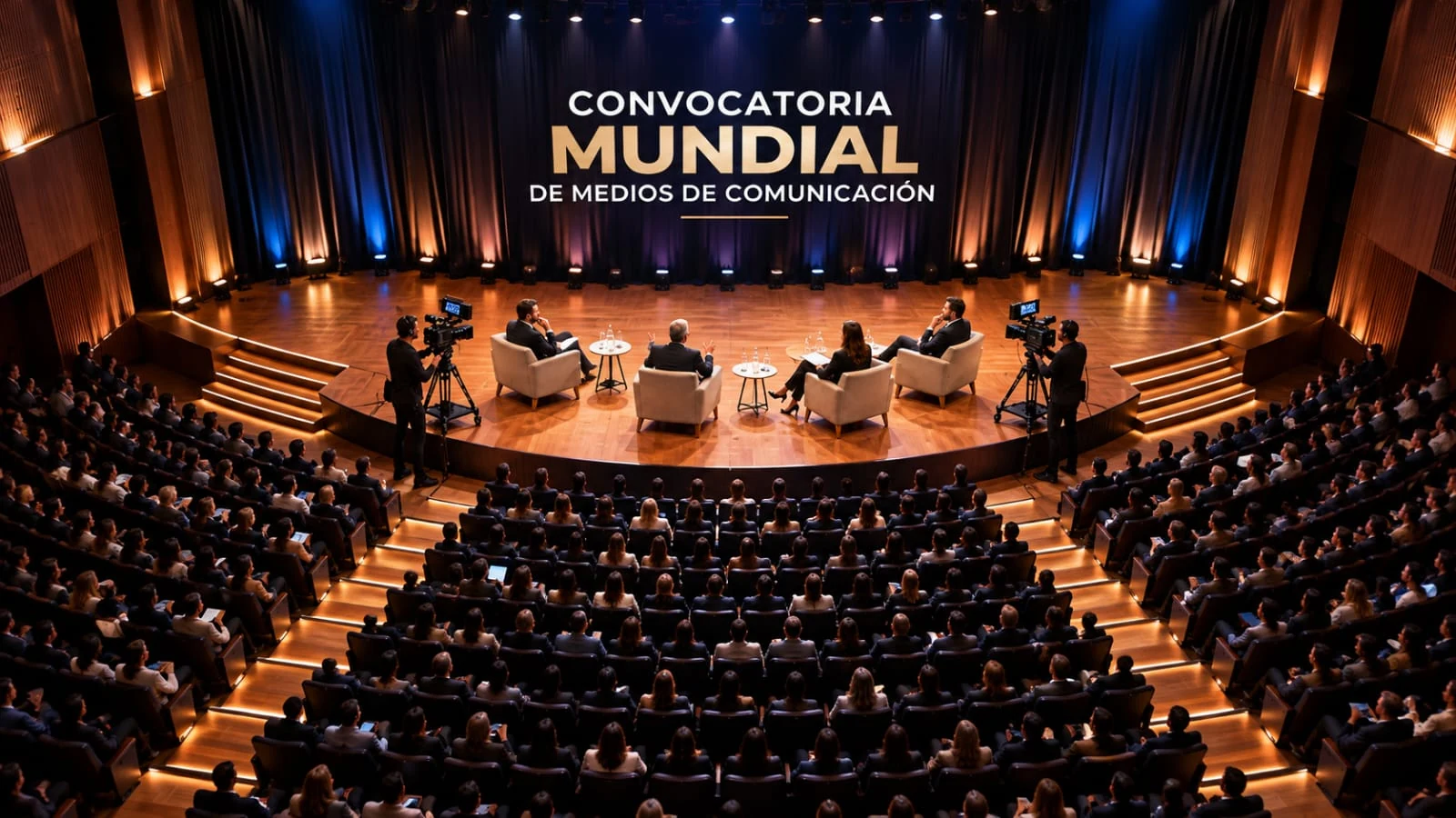 Imagen conceptual del proyecto: encuentro mundial de medios, auditorio, conversaciones y producción audiovisual.