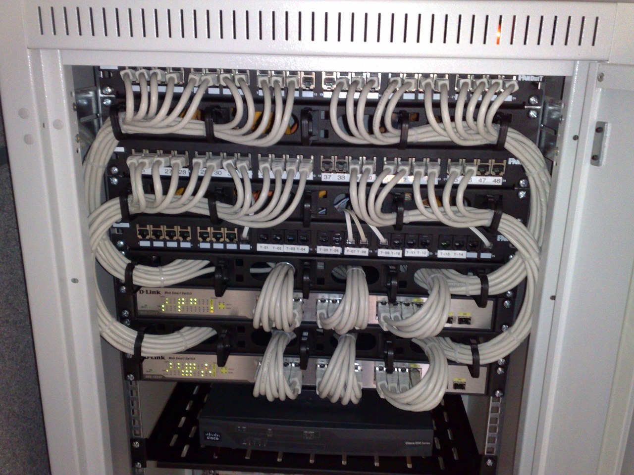 Conmutadores y paneles de conexión en un rack de comunicaciones.
