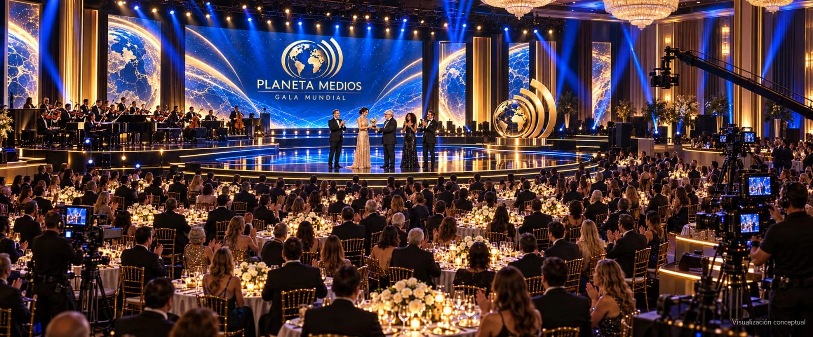 Visualización conceptual de un encuentro de Planeta Medios con escenario, público y producción audiovisual.
