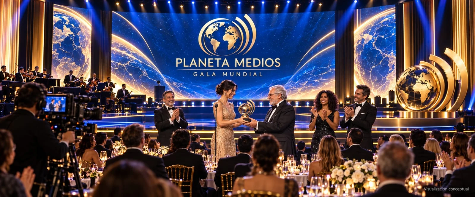 Visualización conceptual del escenario y participantes de un evento de Planeta Medios.
