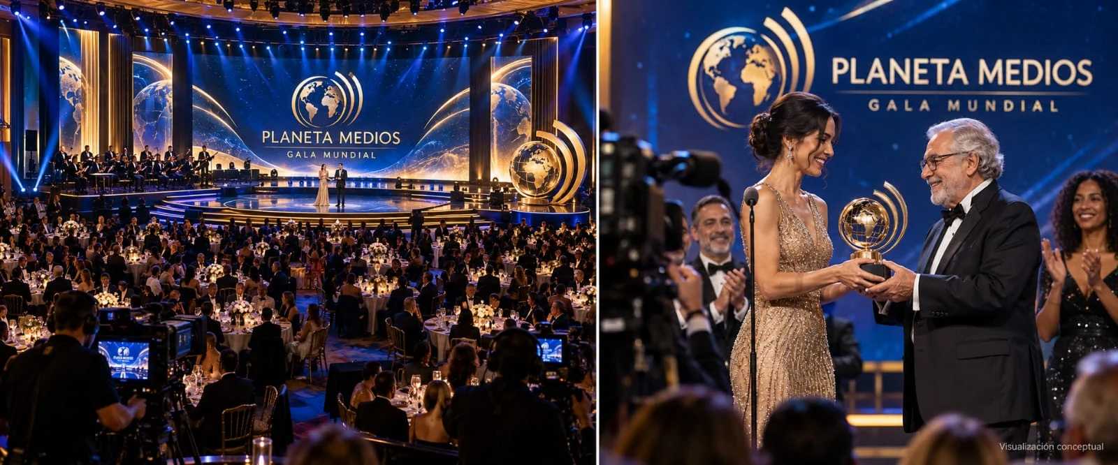 Composición conceptual de la Gala Mundial Planeta Medios con público y una escena sobre el escenario.